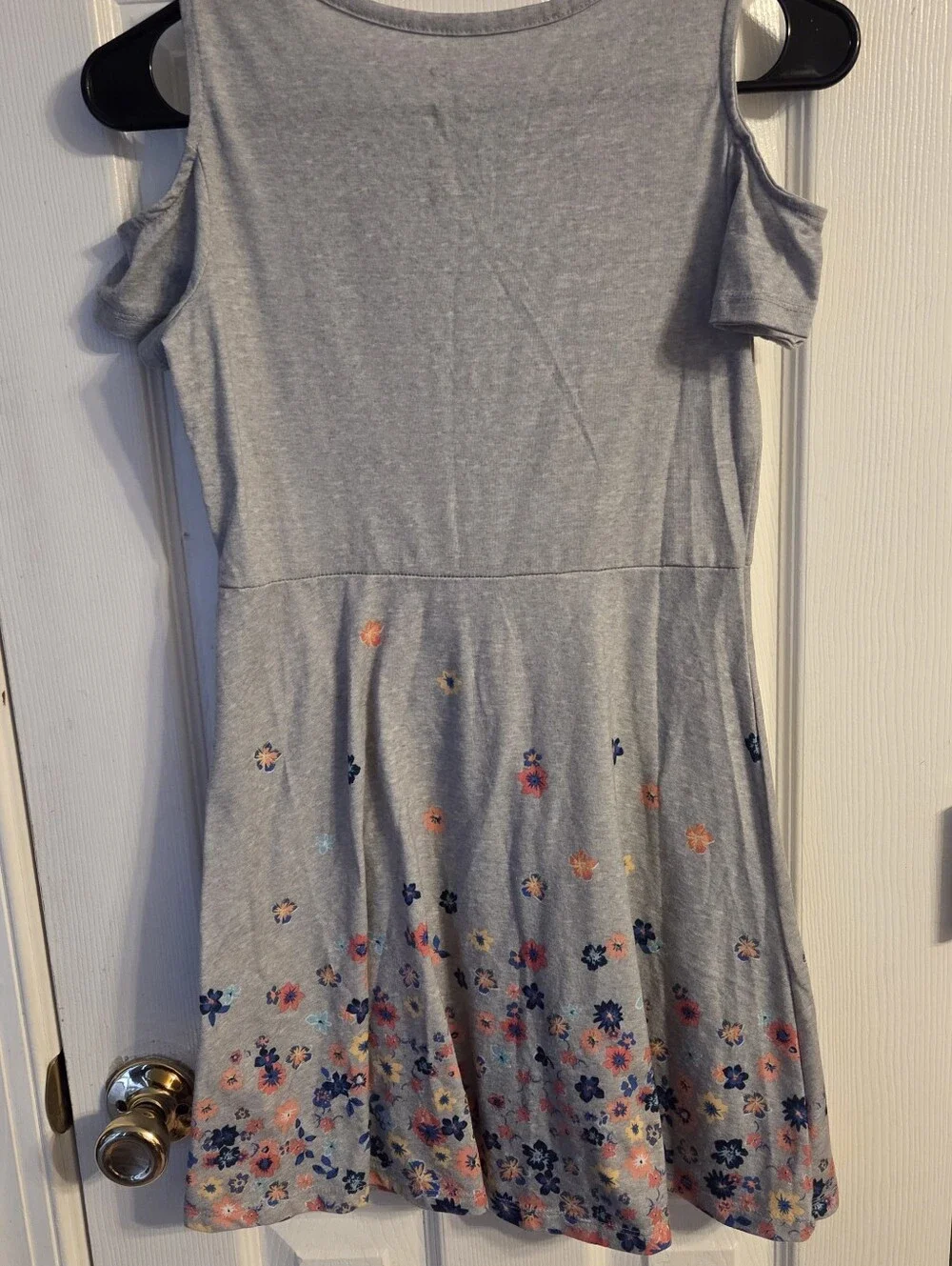 SO Girls Gray Favorite Skater Dress Cold Shoulder Floral Hem Size Large 10/12